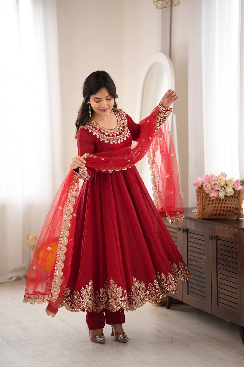 Red Embroidered Anarkali Suit Set with Sequin Work & Net Dupatta for Diwali & Karwa Chauth