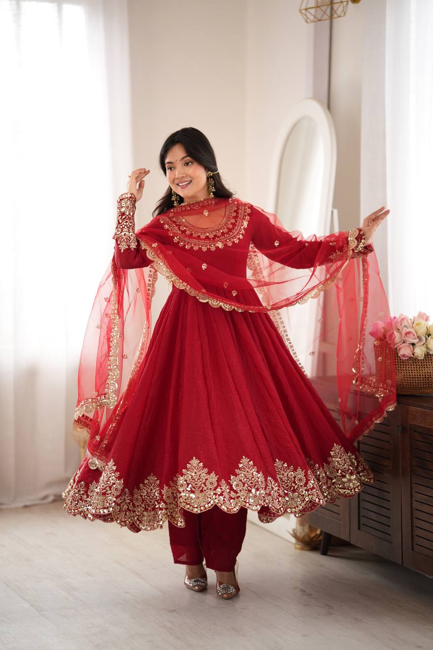 Red Embroidered Anarkali Suit Set with Sequin Work & Net Dupatta for Diwali & Karwa Chauth