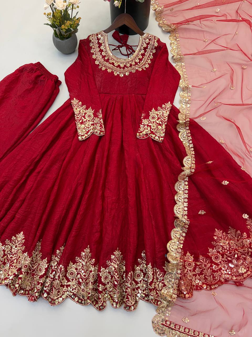 Red Embroidered Anarkali Suit Set with Sequin Work & Net Dupatta for Diwali & Karwa Chauth