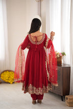Red Embroidered Anarkali Suit Set with Sequin Work & Net Dupatta for Diwali & Karwa Chauth