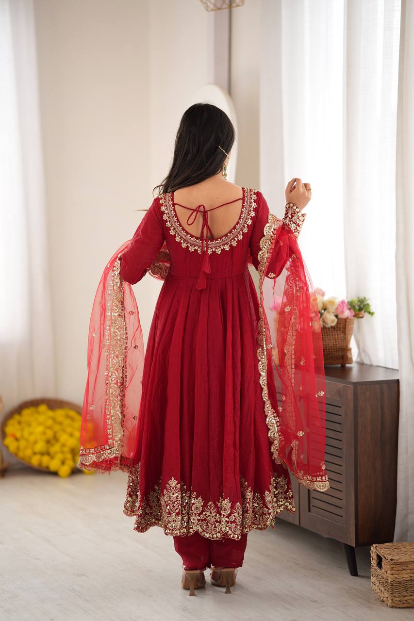 Red Embroidered Anarkali Suit Set with Sequin Work & Net Dupatta for Diwali & Karwa Chauth