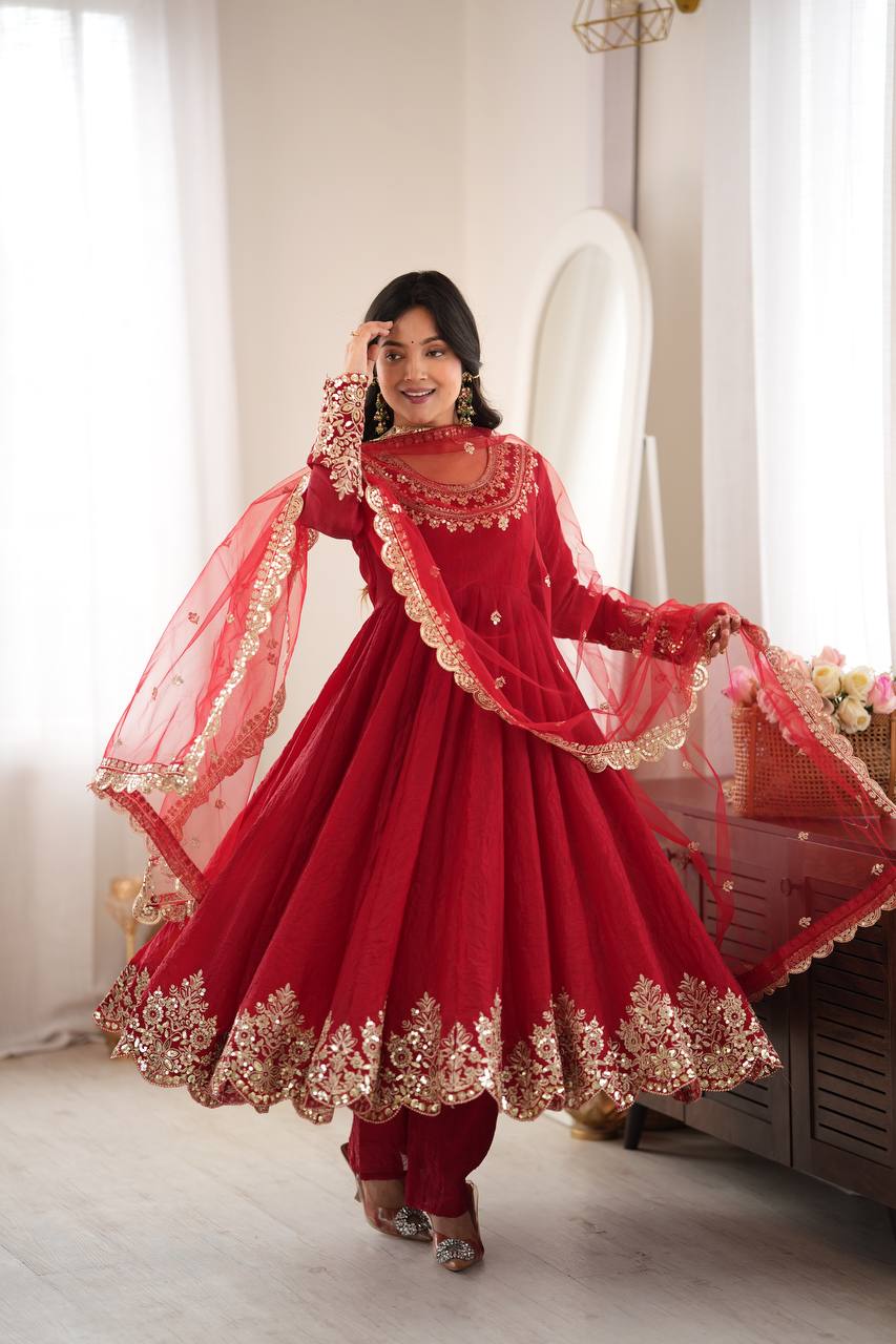 Red Embroidered Anarkali Suit Set with Sequin Work & Net Dupatta for Diwali & Karwa Chauth