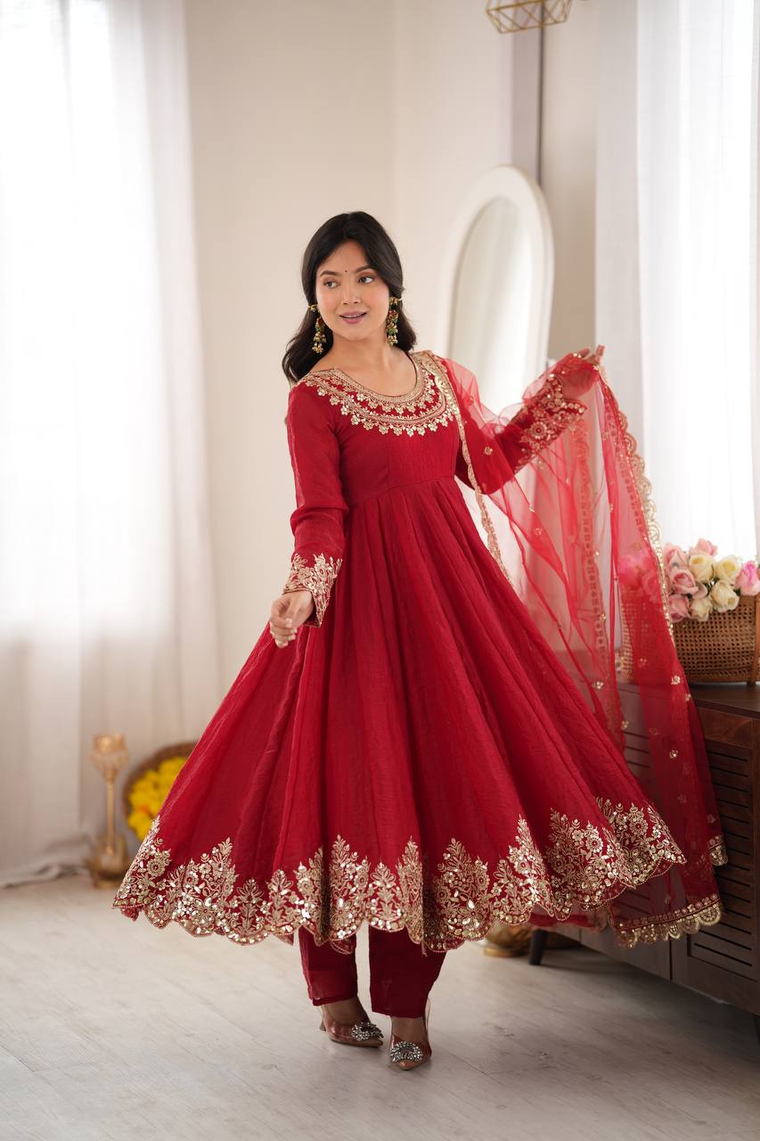 Red Embroidered Anarkali Suit Set with Sequin Work & Net Dupatta for Diwali & Karwa Chauth