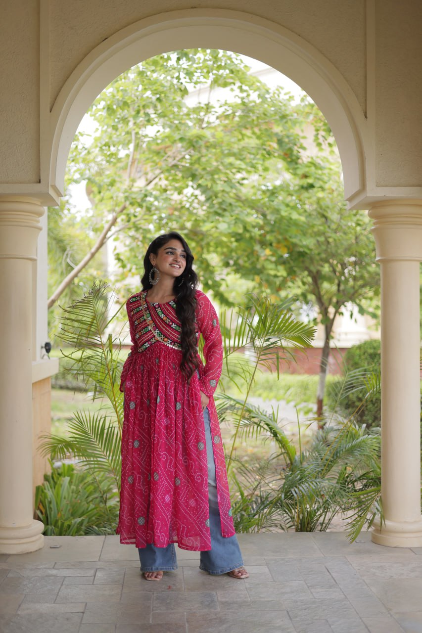 Bandhani Print Kutchi Patchwork Georgette Long Kurti for Festive Wear