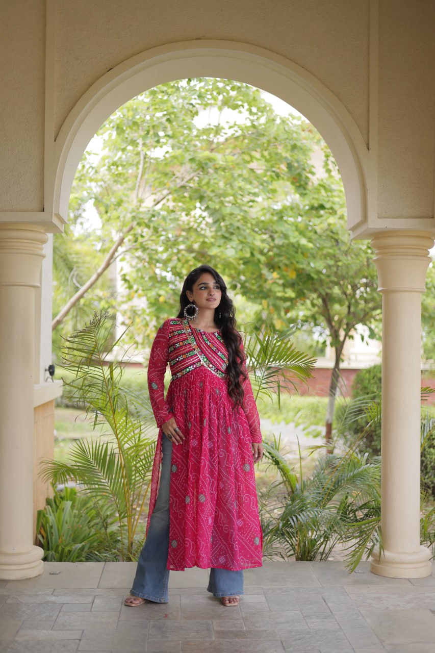 Bandhani Print Kutchi Patchwork Georgette Long Kurti for Festive Wear