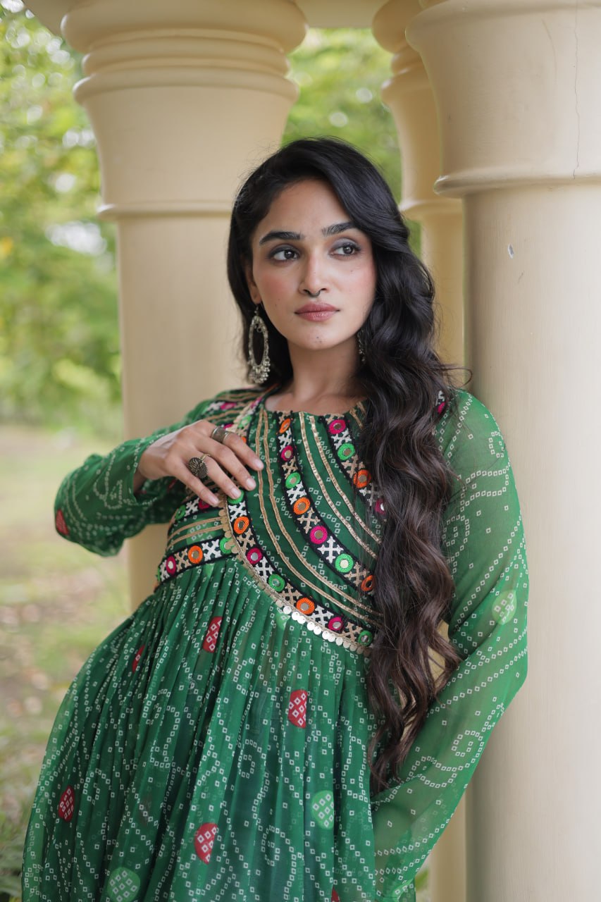 Bandhani Print Kutchi Patchwork Georgette Long Kurti for Festive Wear
