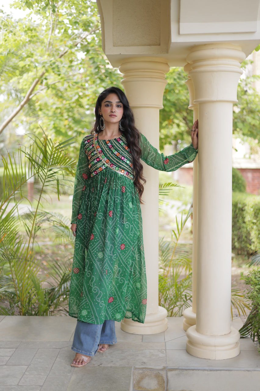 Bandhani Print Kutchi Patchwork Georgette Long Kurti for Festive Wear