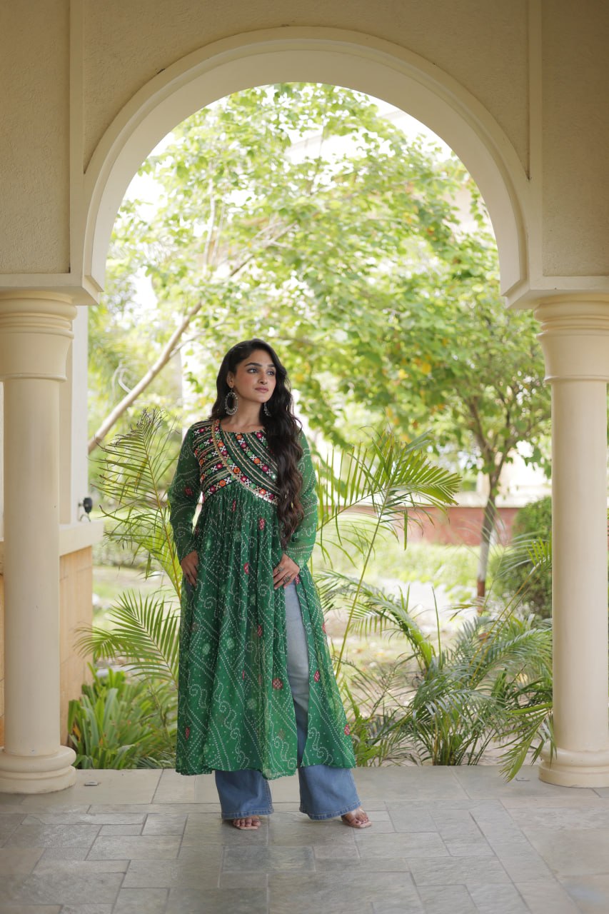 Bandhani Print Kutchi Patchwork Georgette Long Kurti for Festive Wear