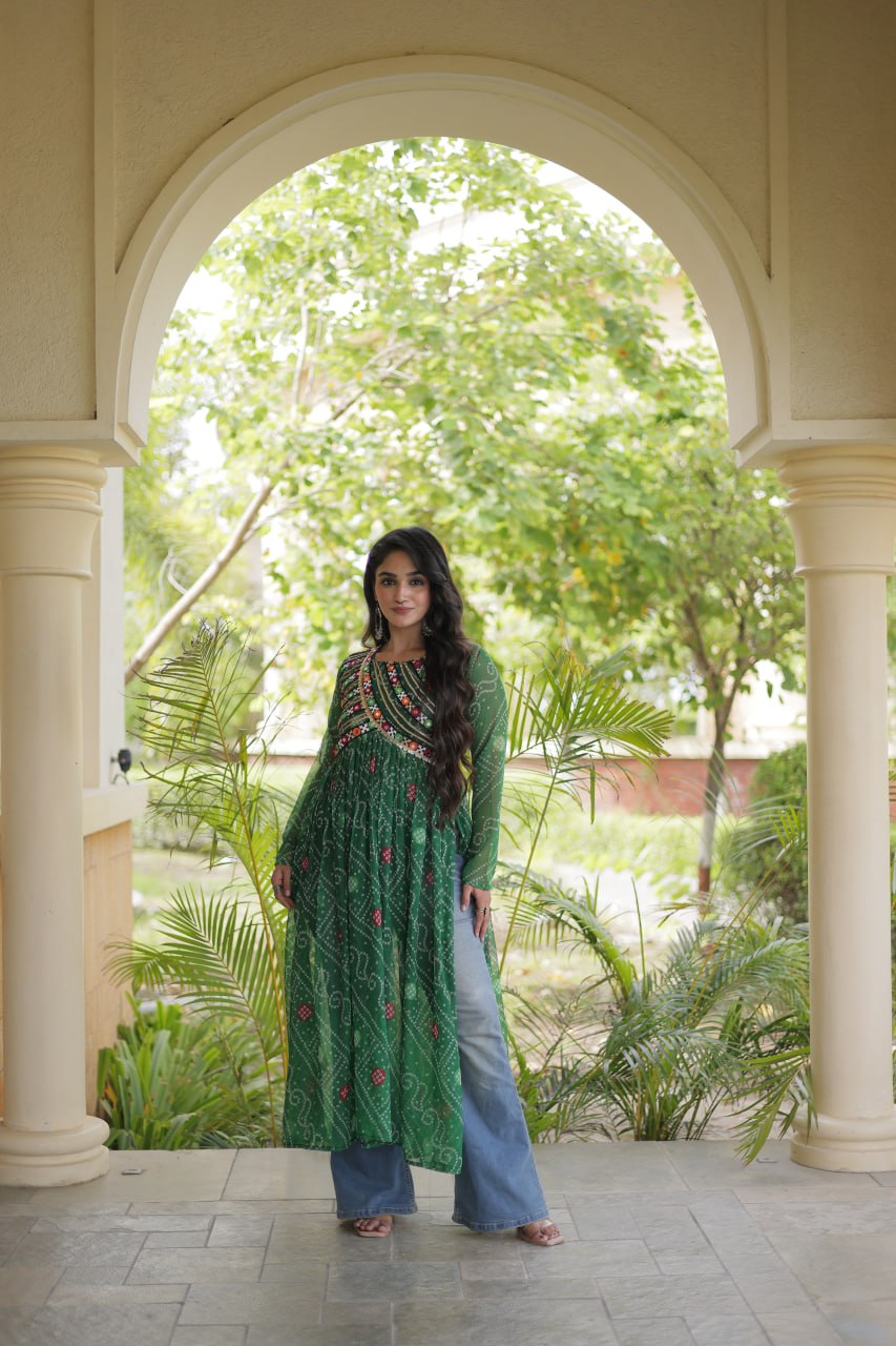 Bandhani Print Kutchi Patchwork Georgette Long Kurti for Festive Wear