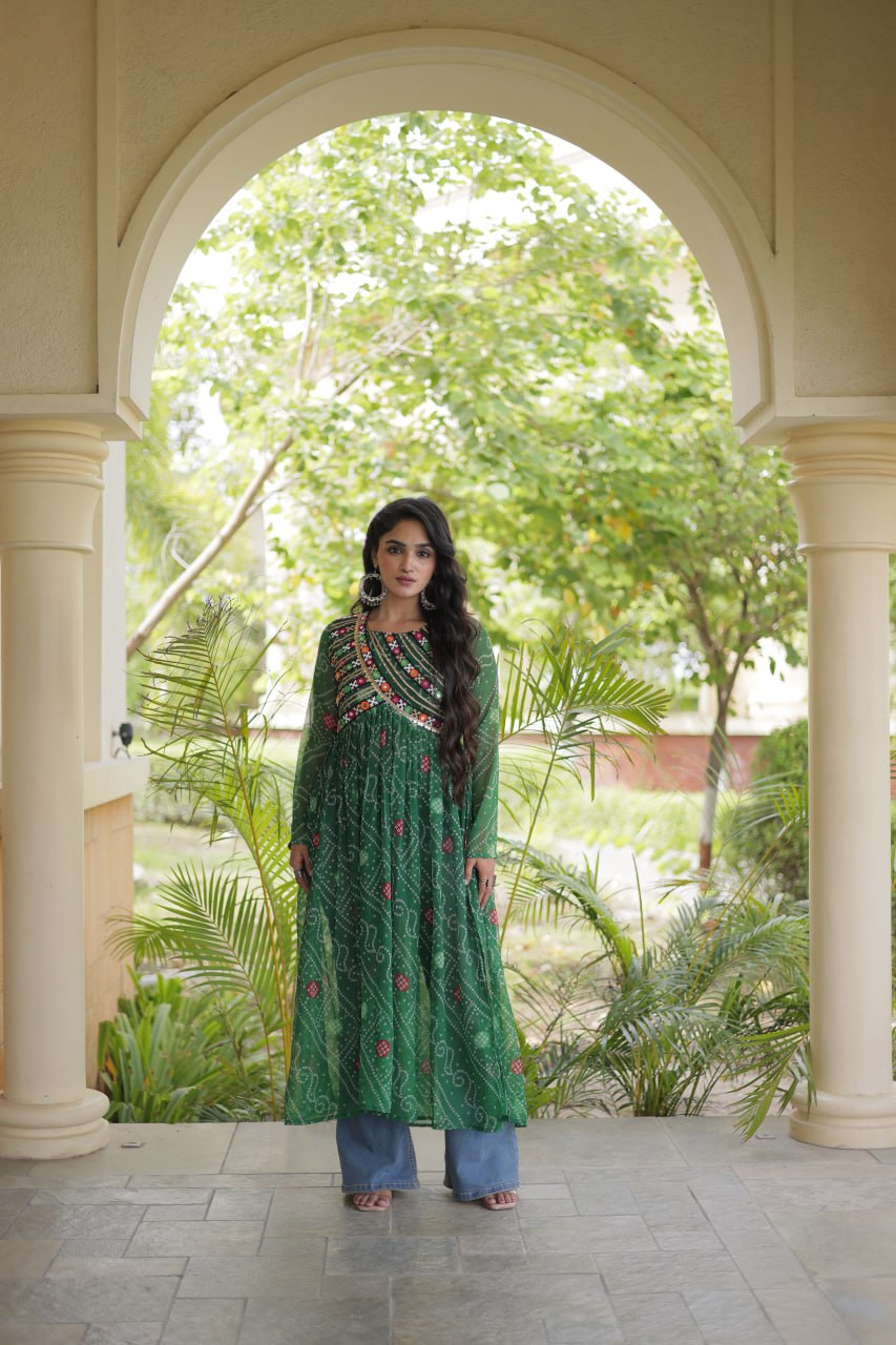 Bandhani Print Kutchi Patchwork Georgette Long Kurti for Festive Wear