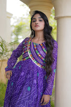 Bandhani Print Kutchi Patchwork Georgette Long Kurti for Festive Wear
