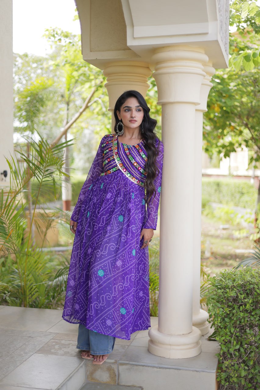 Bandhani Print Kutchi Patchwork Georgette Long Kurti for Festive Wear