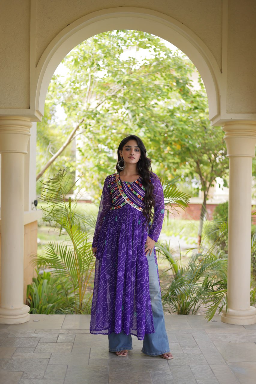 Bandhani Print Kutchi Patchwork Georgette Long Kurti for Festive Wear