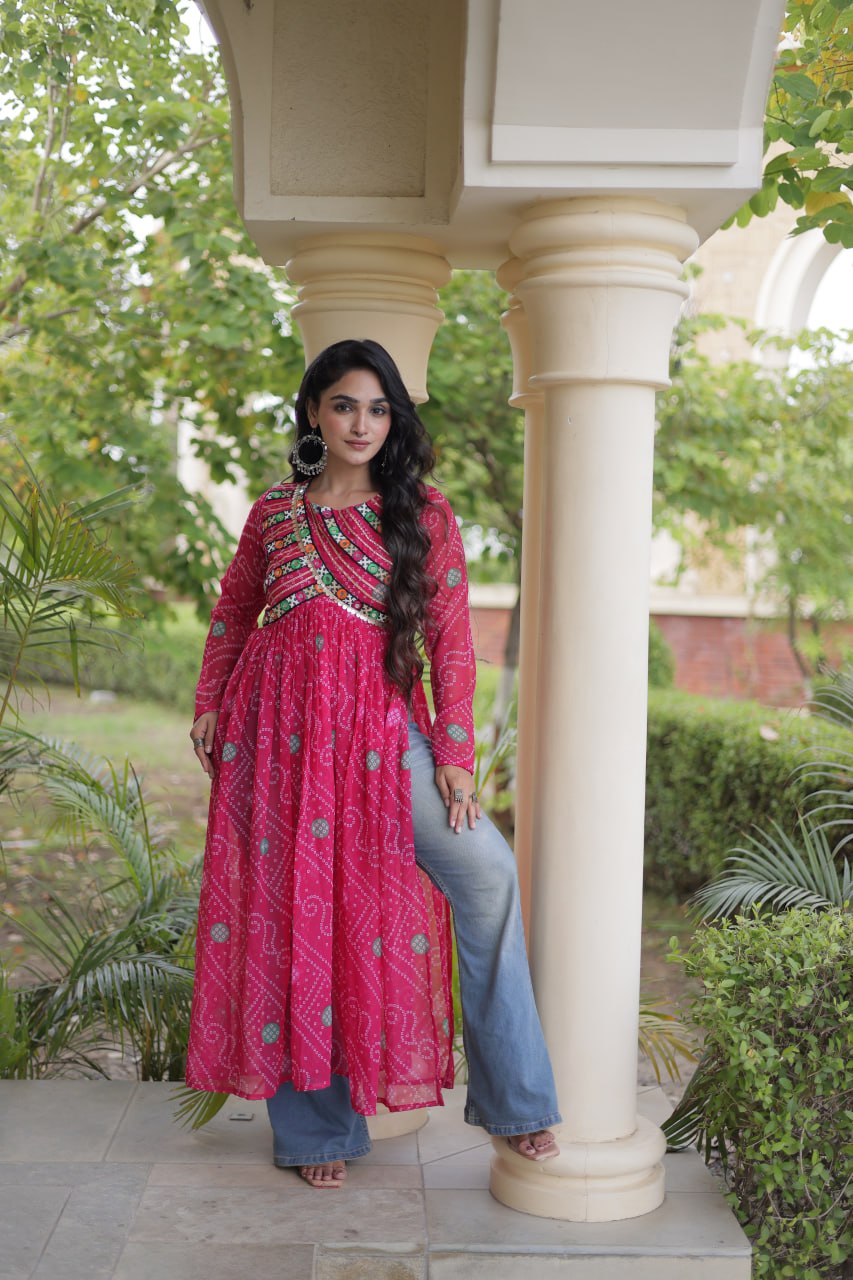 Bandhani Print Kutchi Patchwork Georgette Long Kurti for Festive Wear
