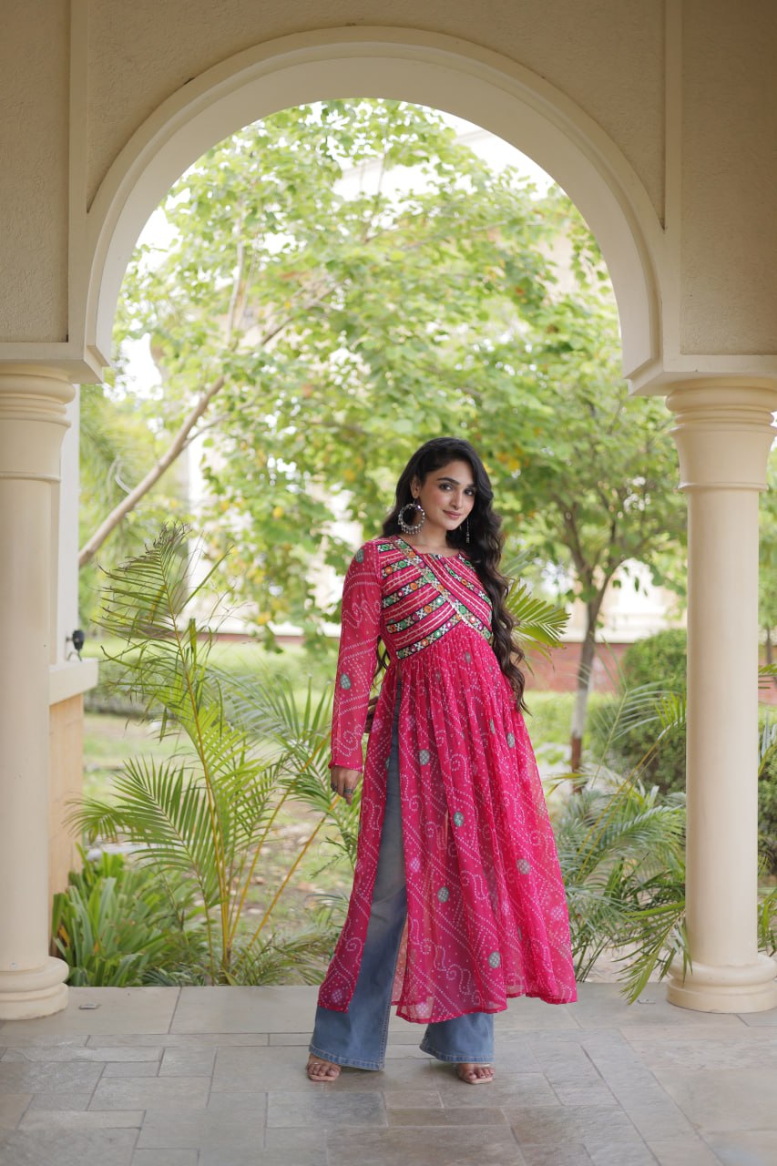 Bandhani Print Kutchi Patchwork Georgette Long Kurti for Festive Wear