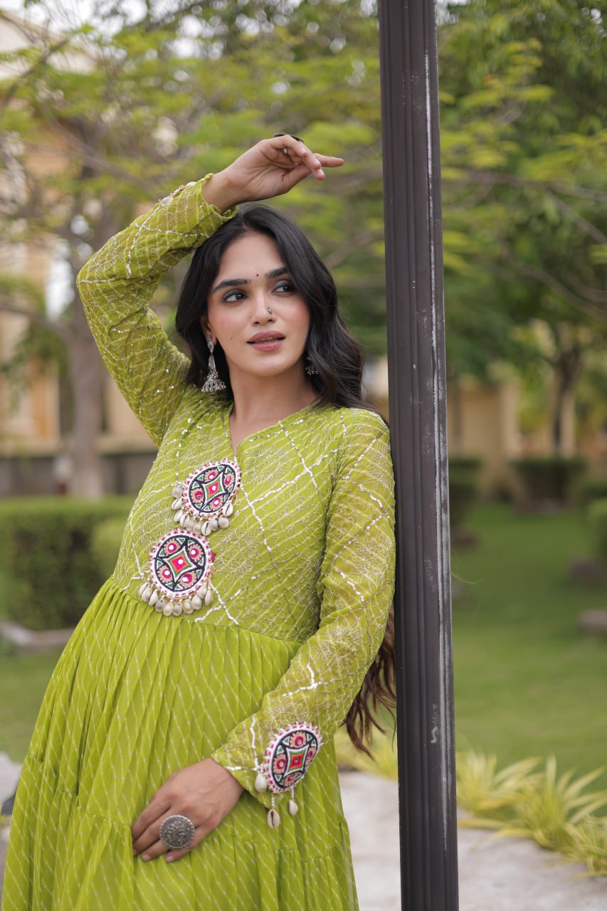 Long Flared Lehariya Print Georgette Gown Perfect For Navratri Festival