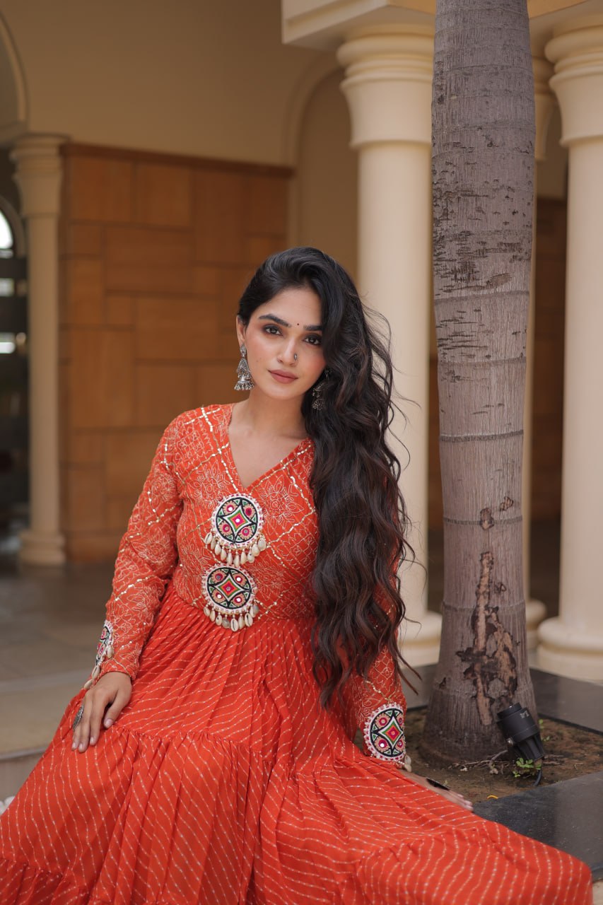 Long Flared Lehariya Print Georgette Gown Perfect For Navratri Festival