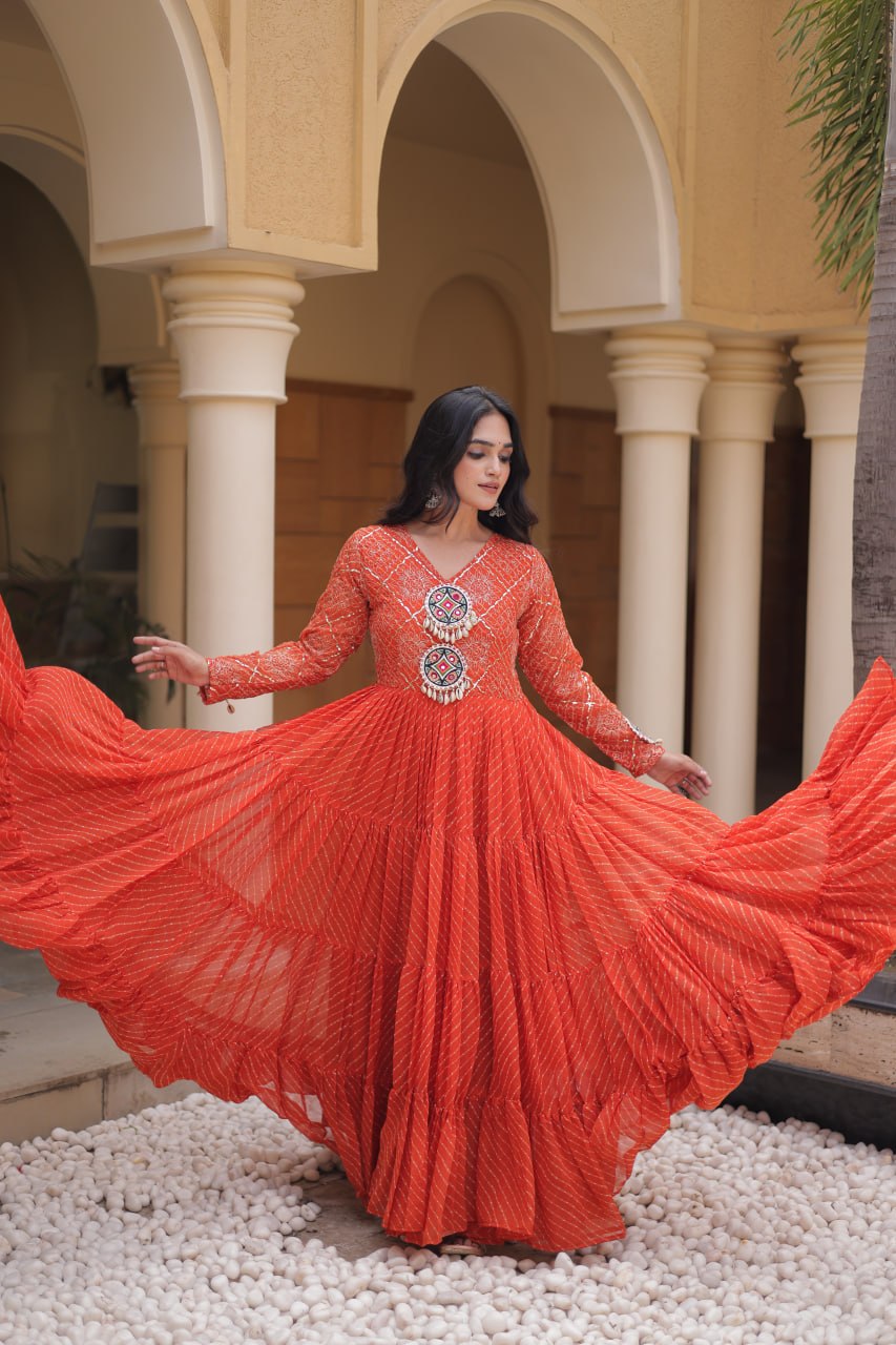 Long Flared Lehariya Print Georgette Gown Perfect For Navratri Festival