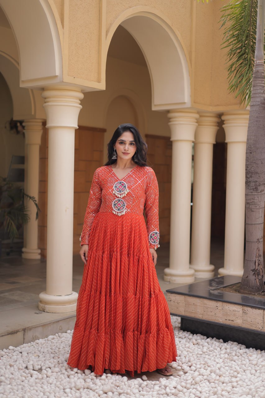 Long Flared Lehariya Print Georgette Gown Perfect For Navratri Festival