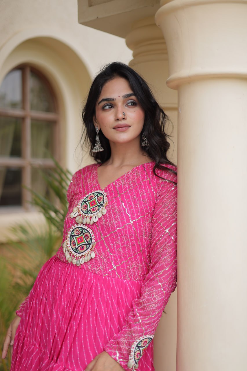 Long Flared Lehariya Print Georgette Gown Perfect For Navratri Festival