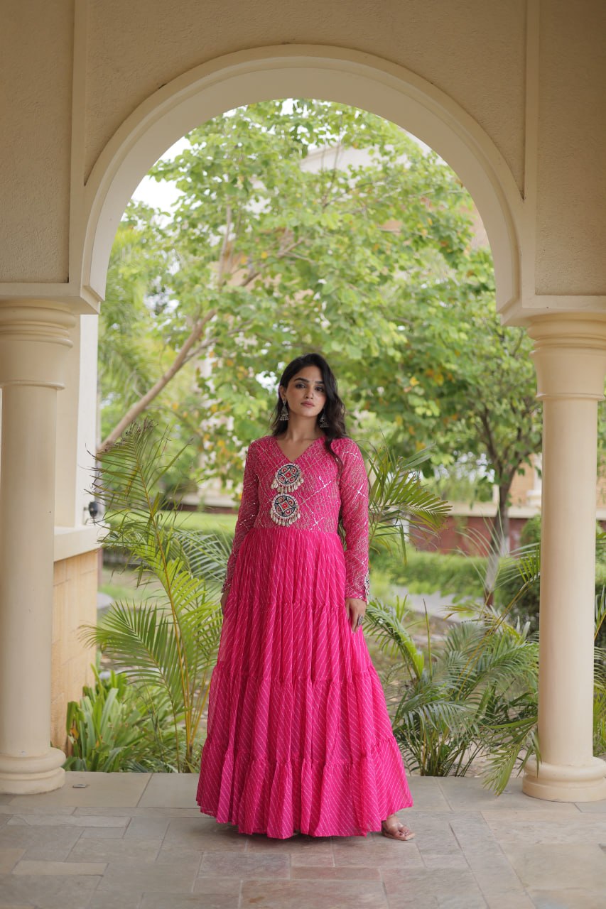 Long Flared Lehariya Print Georgette Gown Perfect For Navratri Festival