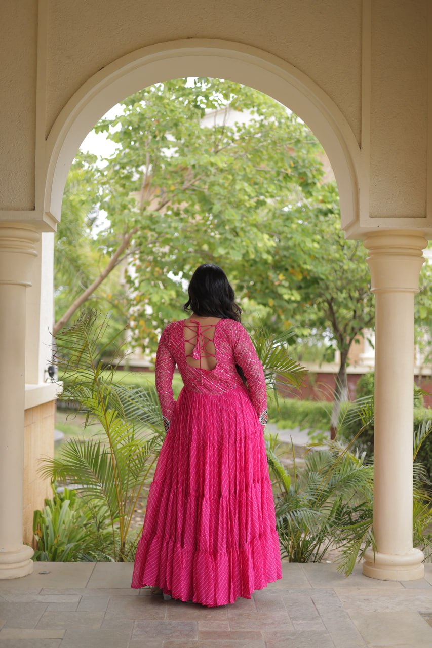 Long Flared Lehariya Print Georgette Gown Perfect For Navratri Festival