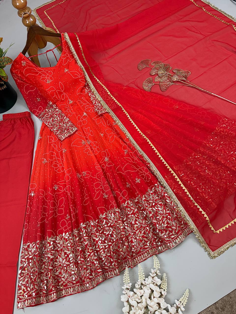 Red Orange Ombre Embroidered Anarkali Suit with Georgette Dupatta & Sequin Work