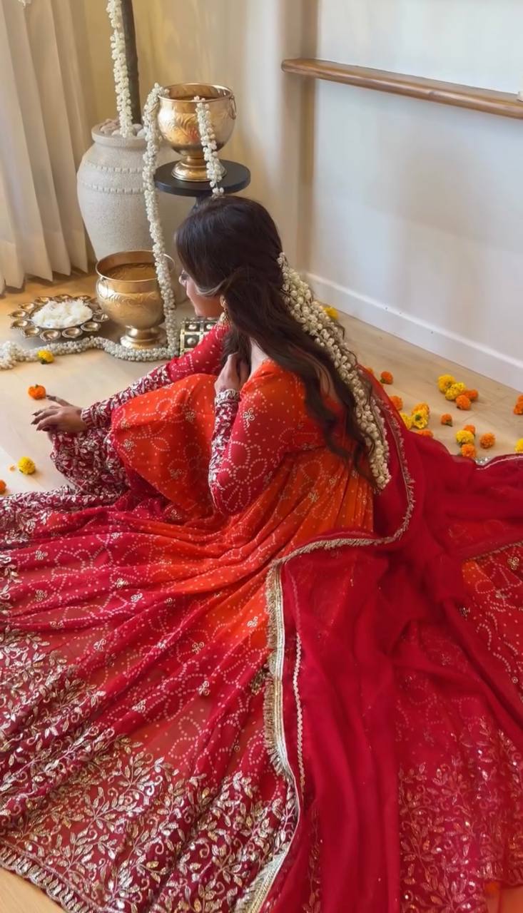 Red Orange Ombre Embroidered Anarkali Suit with Georgette Dupatta & Sequin Work
