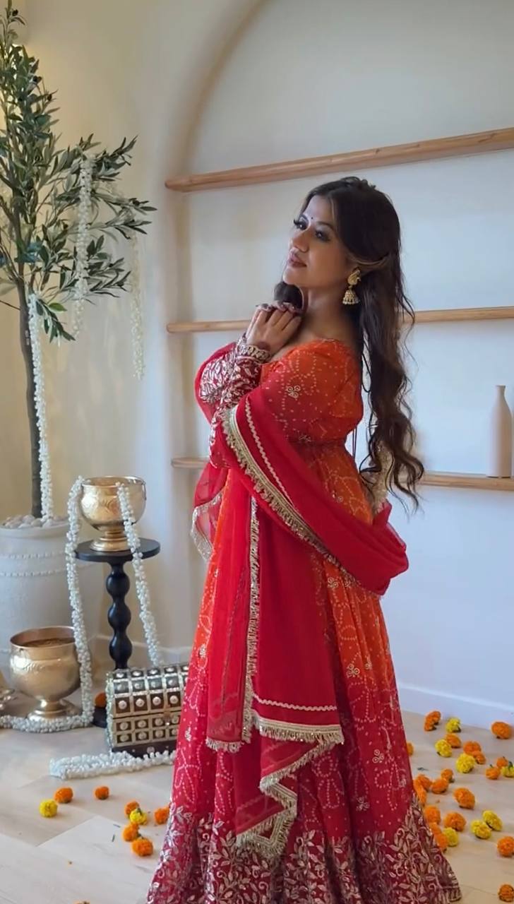 Red Orange Ombre Embroidered Anarkali Suit with Georgette Dupatta & Sequin Work