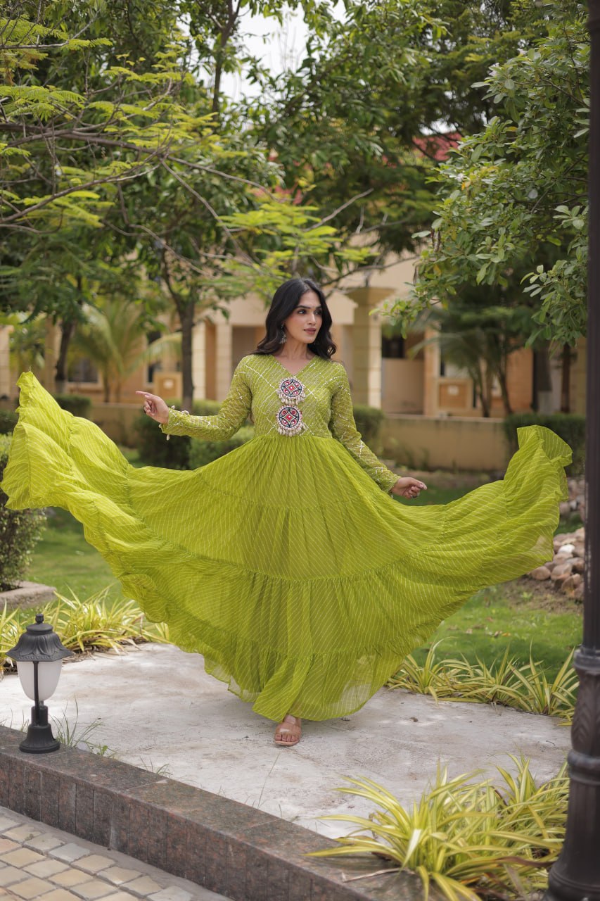 Long Flared Lehariya Print Georgette Gown Perfect For Navratri Festival