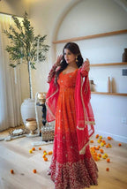 Red Orange Ombre Embroidered Anarkali Suit with Georgette Dupatta & Sequin Work