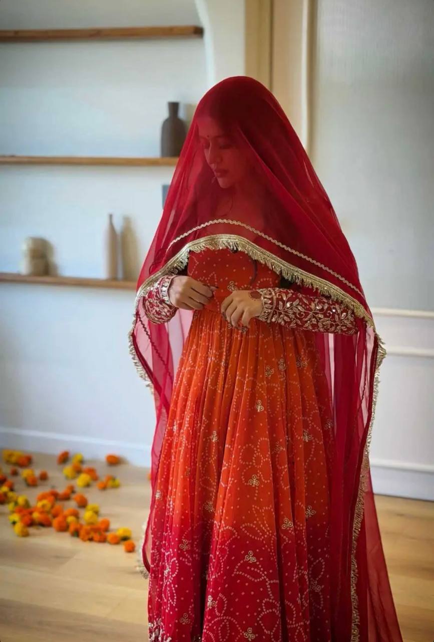 Red Orange Ombre Embroidered Anarkali Suit with Georgette Dupatta & Sequin Work