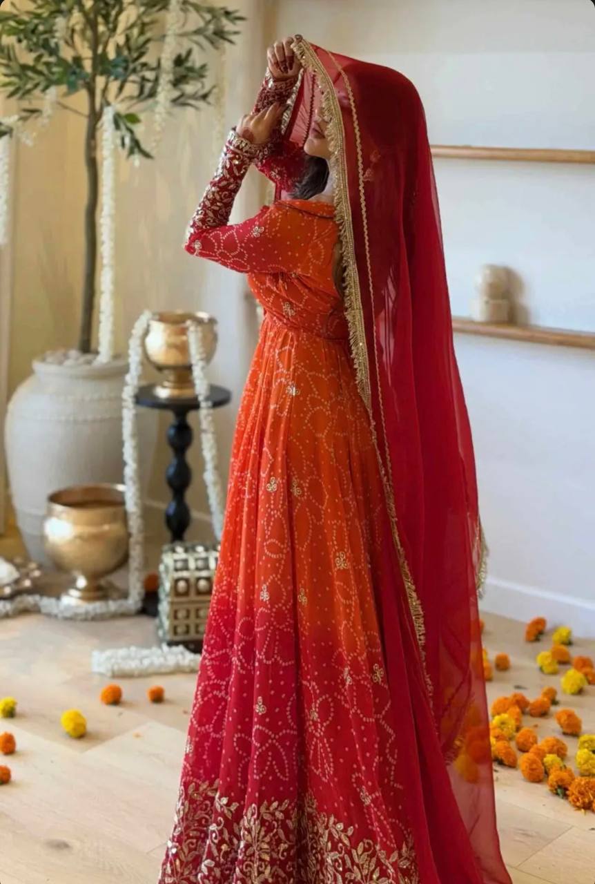 Red Orange Ombre Embroidered Anarkali Suit with Georgette Dupatta & Sequin Work