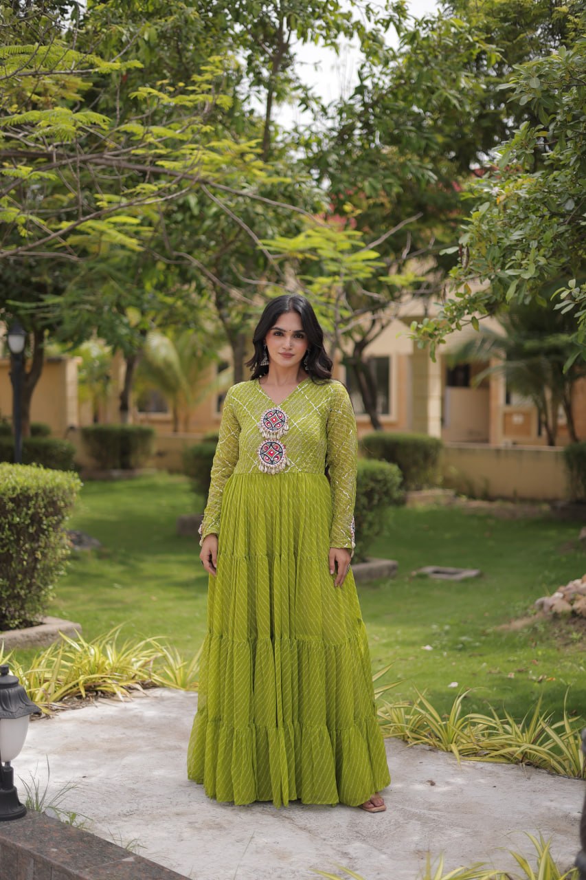 Long Flared Lehariya Print Georgette Gown Perfect For Navratri Festival