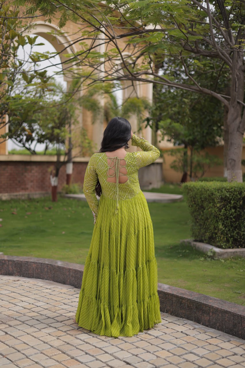 Long Flared Lehariya Print Georgette Gown Perfect For Navratri Festival
