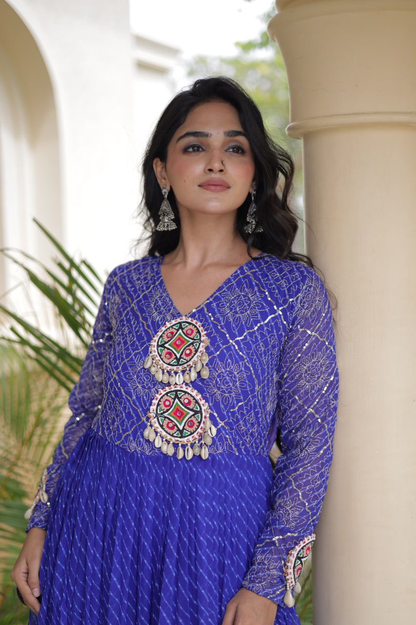 Long Flared Lehariya Print Georgette Gown Perfect For Navratri Festival