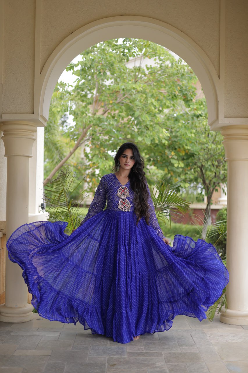Long Flared Lehariya Print Georgette Gown Perfect For Navratri Festival