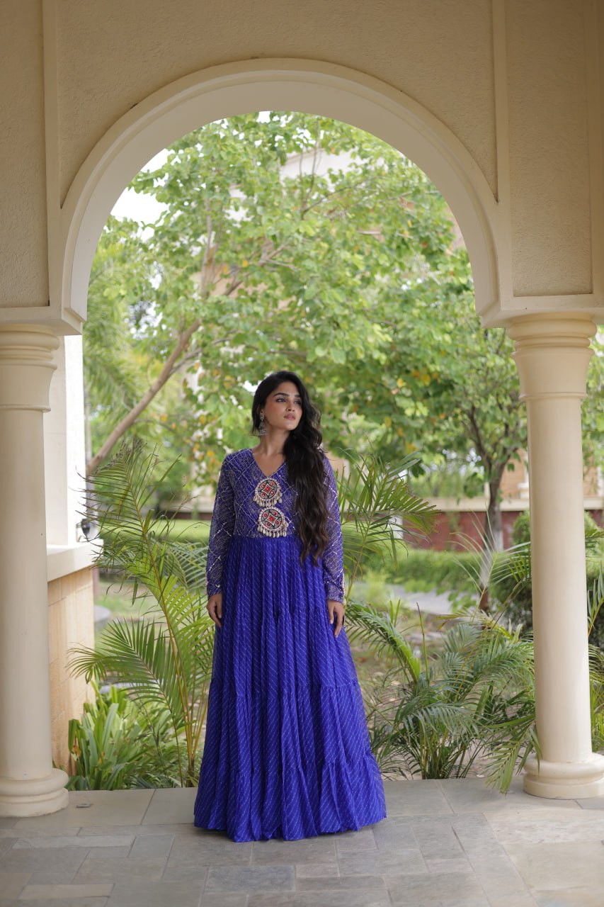 Long Flared Lehariya Print Georgette Gown Perfect For Navratri Festival