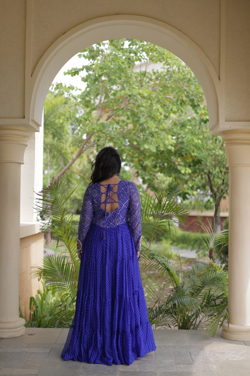 Long Flared Lehariya Print Georgette Gown Perfect For Navratri Festival
