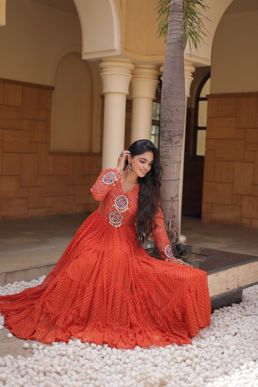 Long Flared Lehariya Print Georgette Gown Perfect For Navratri Festival