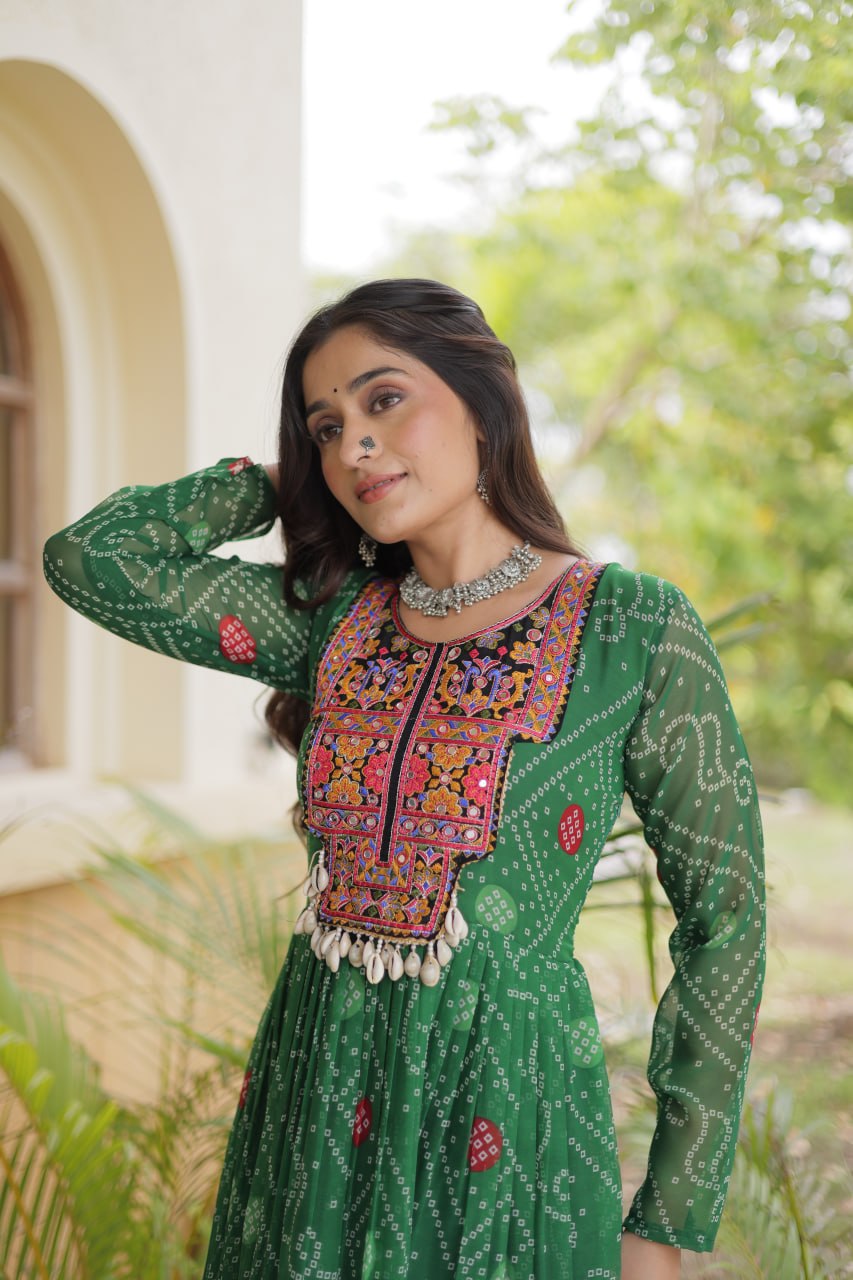 Navratri Bandhani Print Kutchi Patchwork Faux Georgette Flared Festive Gown for Women