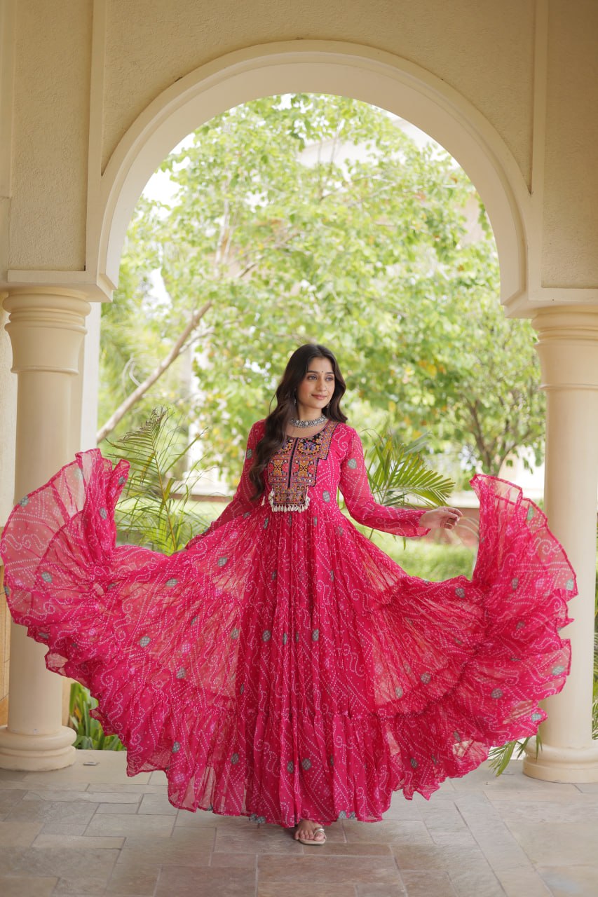 Navratri Bandhani Print Kutchi Patchwork Faux Georgette Flared Festive Gown for Women