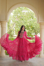 Navratri Bandhani Print Kutchi Patchwork Faux Georgette Flared Festive Gown for Women