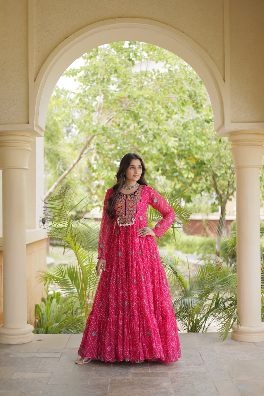 Navratri Bandhani Print Kutchi Patchwork Faux Georgette Flared Festive Gown for Women