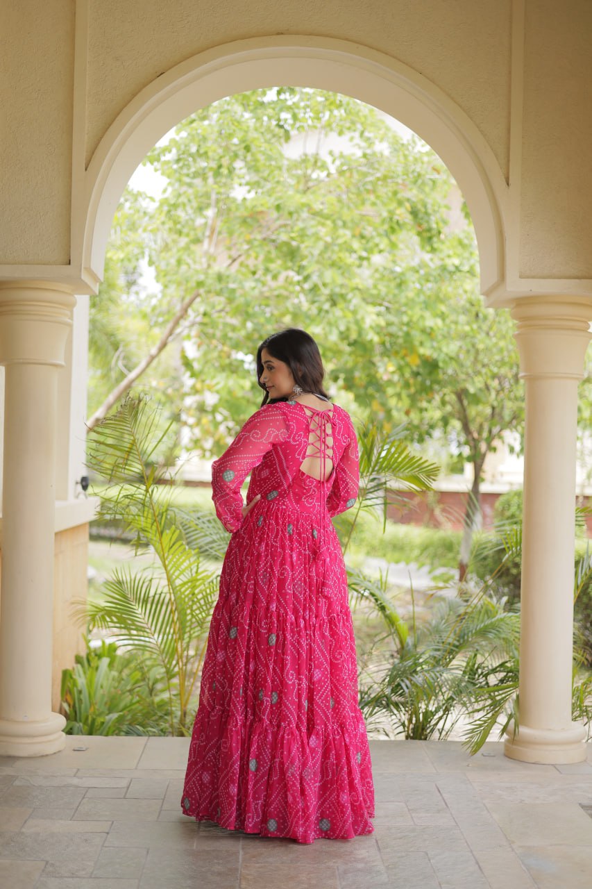 Navratri Bandhani Print Kutchi Patchwork Faux Georgette Flared Festive Gown for Women