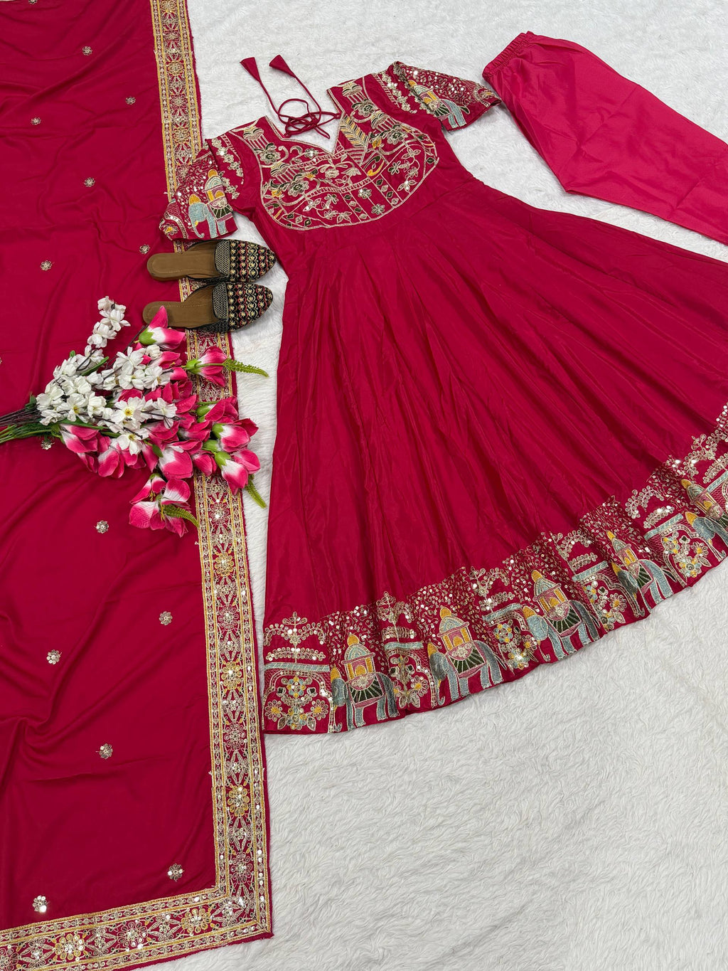 Rani Pink Embroidered Anarkali Suit Set with Dupatta for Diwali & Karwa Chauth Festive Wear