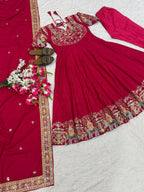 Rani Pink Embroidered Anarkali Suit Set with Dupatta for Diwali & Karwa Chauth Festive Wear