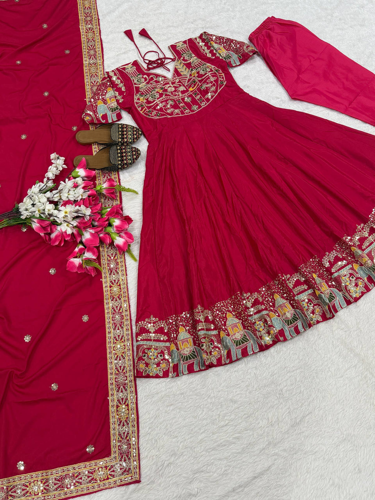 Rani Pink Embroidered Anarkali Suit Set with Dupatta for Diwali & Karwa Chauth Festive Wear