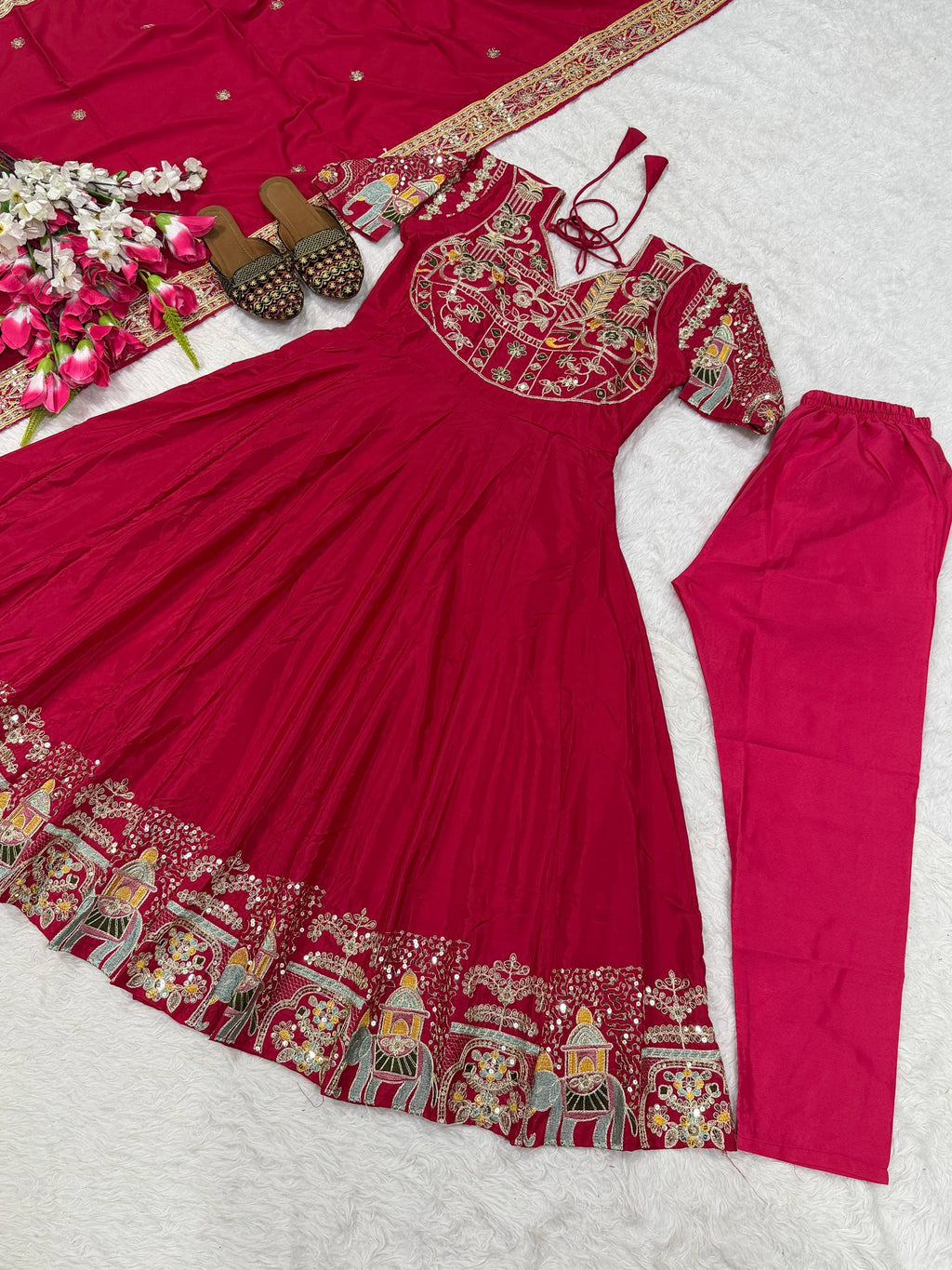 Rani Pink Embroidered Anarkali Suit Set with Dupatta for Diwali & Karwa Chauth Festive Wear