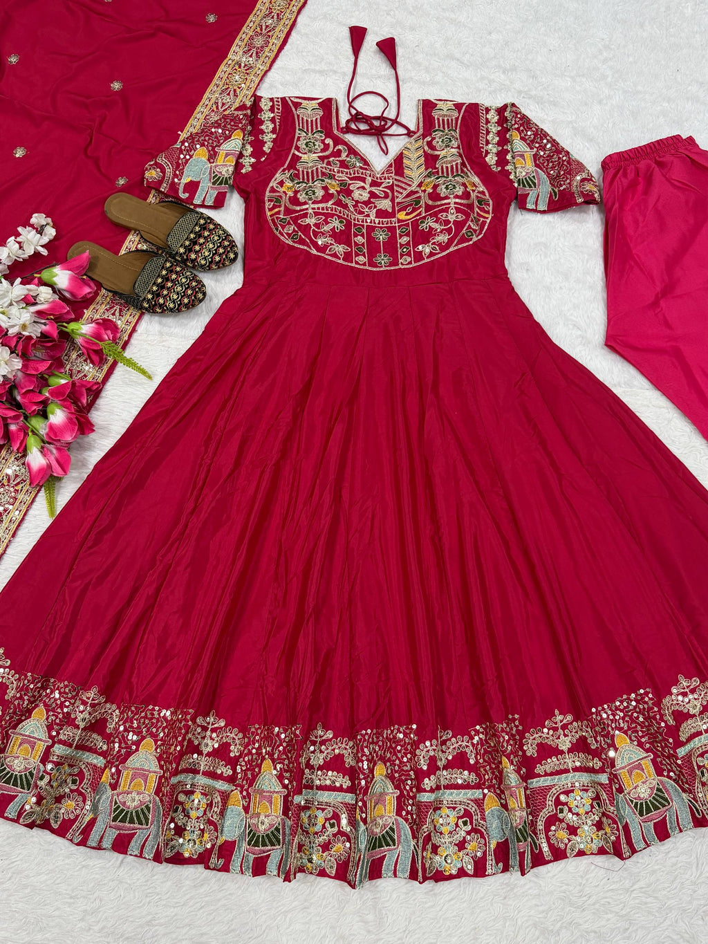 Rani Pink Embroidered Anarkali Suit Set with Dupatta for Diwali & Karwa Chauth Festive Wear